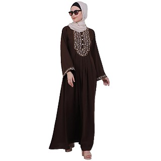 Firdaws Pintuck embroidery abaya- Coffee Brown